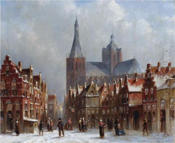 Figures On A Square In A Wintry Town, Possibly's-hertogenbosch Oil Painting by Pieter Gerard Vertin