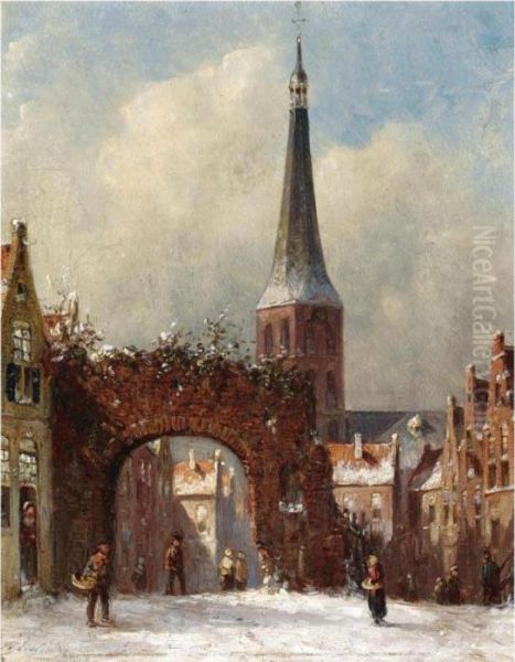 Figures In The Snow Covered Streets Of Zutphen Oil Painting by Pieter Gerard Vertin