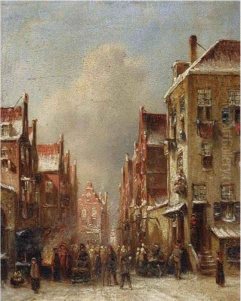 A Busy Snow Covered Street In A Dutch Town Oil Painting by Pieter Gerard Vertin