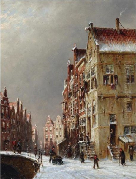 Figures In The Snow Covered Streets Of A Dutch Town Oil Painting by Pieter Gerard Vertin