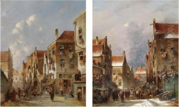 A Sunny Day In A Dutch Town; 
Many Figures In The Snow Coveredstreet Of A Dutch Town (a Pair) Oil Painting by Pieter Gerard Vertin