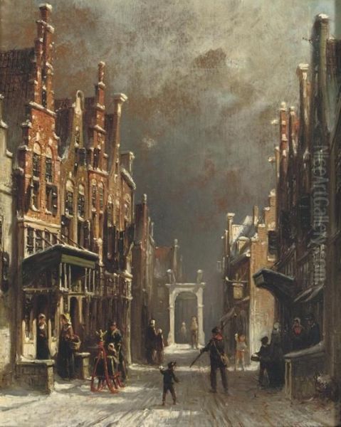 A Snowball Fight In A Dutch Street Oil Painting by Pieter Gerard Vertin