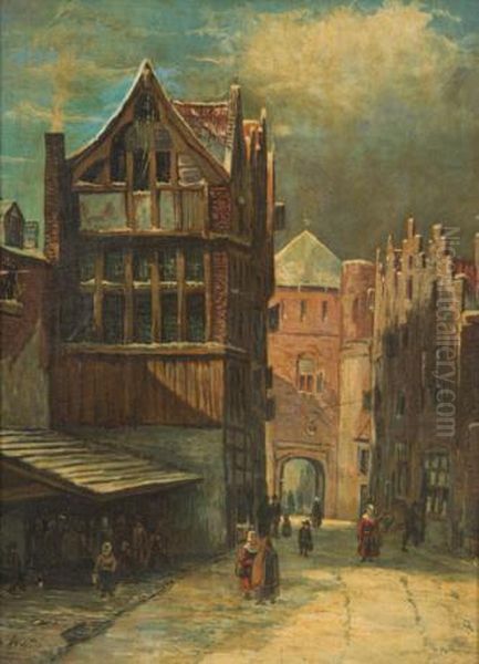 19th Century Street Scene Oil Painting by Pieter Gerard Vertin