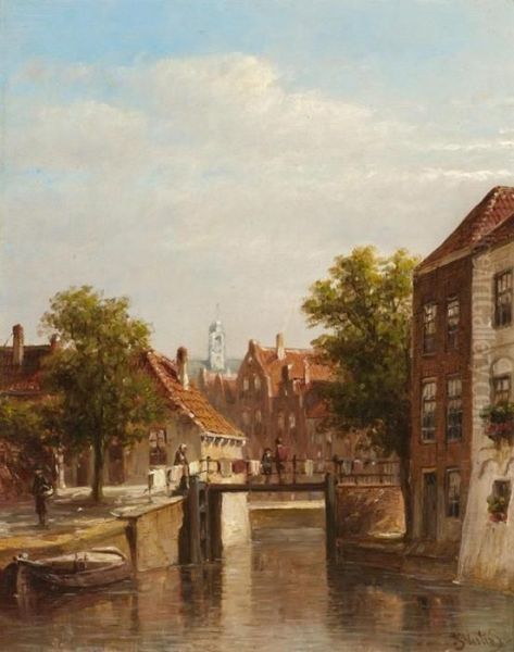 Canal With Passers By In A Dutch Town Oil Painting by Pieter Gerard Vertin