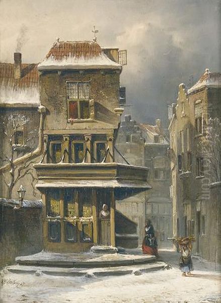 Winterliche Strassenpartie Mit Figurenstaffage. Oil Painting by Pieter Gerard Vertin