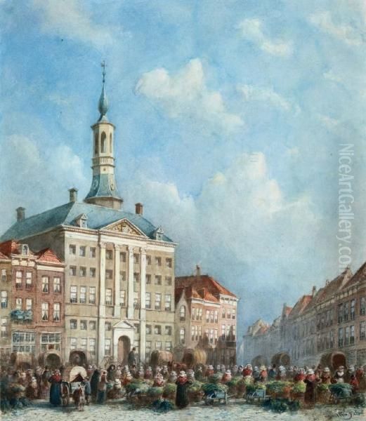 Vele Figuren Op Het Zonnige Marktplein Voor Het Stadhuis Van ?s-hertogenbosch Oil Painting by Pieter Gerard Vertin