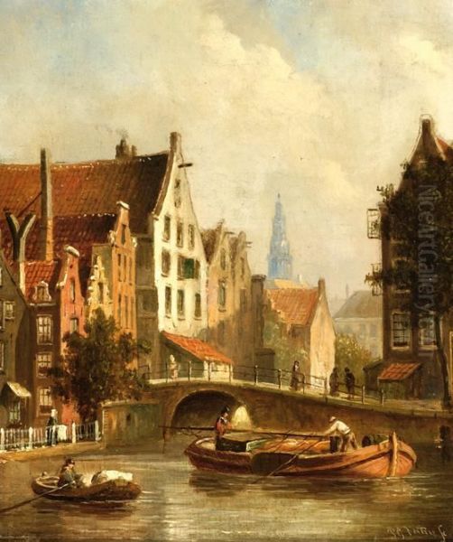 City Scene With Boats In The Foreground Oil Painting by Pieter Gerard Vertin