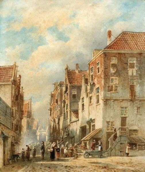 Many Figures In A Street Oil Painting by Pieter Gerard Vertin