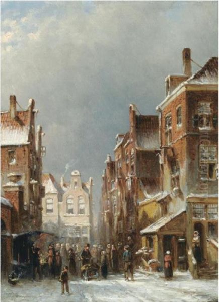 Figures In The Streets Of A Wintry Dutch Town Oil Painting by Pieter Gerard Vertin