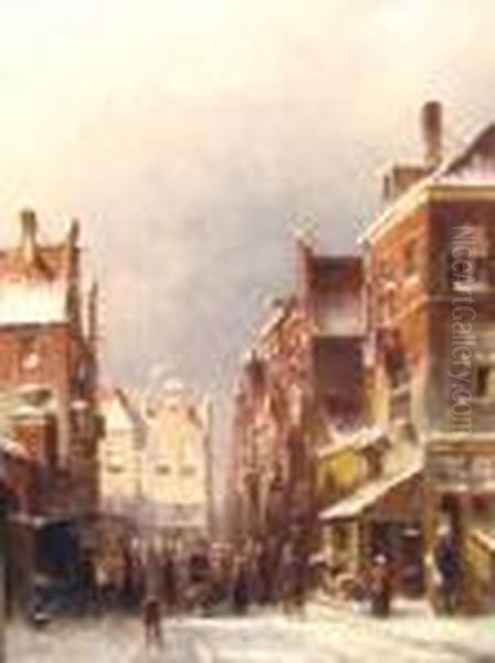 Oil On Panel, A Busy Dutch 
Street,indistinctly Signed Lower Left, Verso Remnant Of Label 
...lijke...kleykamp; Measurements: 25cm X 19cm Oil Painting by Pieter Gerard Vertin