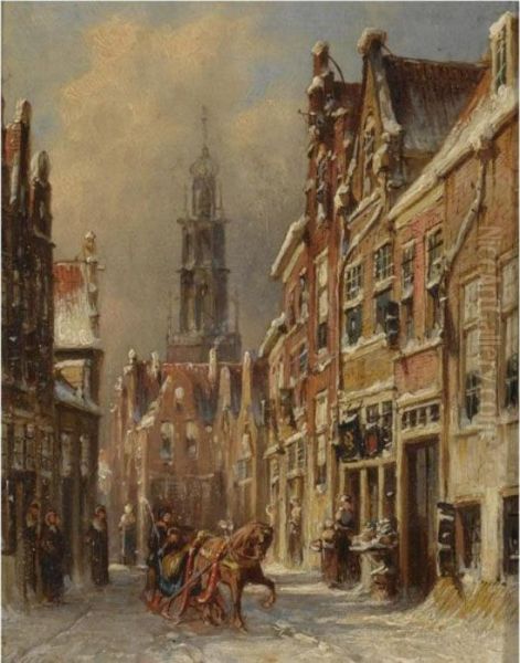 Figures On A Sledge In A Snow-covered Dutch Town Oil Painting by Pieter Gerard Vertin