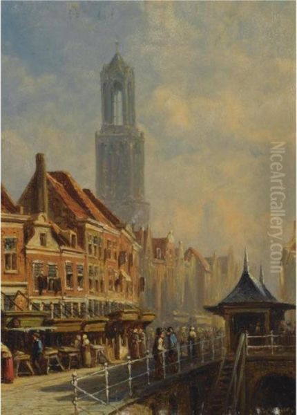 A View Of The Vismarkt In Utrecht, The Dom Tower In The Background Oil Painting by Pieter Gerard Vertin