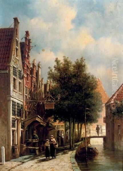 Shops Along A Sunlit Canal Oil Painting by Pieter Gerard Vertin