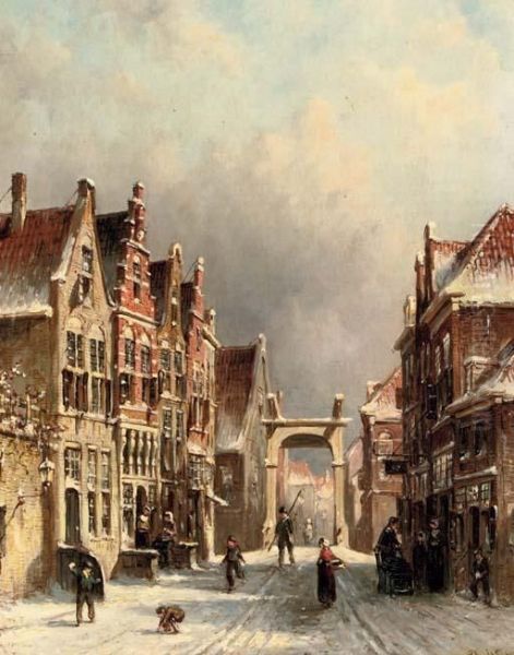 A Snowball Fight In A Dutch Town Oil Painting by Pieter Gerard Vertin