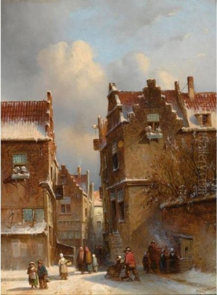 Figures Buying Chestnuts At A Stall In A Wintry Town Oil Painting by Pieter Gerard Vertin