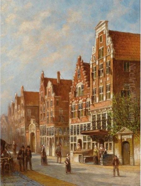 Figures In The Sunlit Streets Of A Dutch Town Oil Painting by Pieter Gerard Vertin