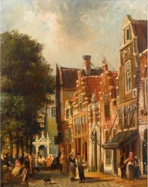 Villagers In The Streets Of A Dutch Town Oil Painting by Pieter Gerard Vertin