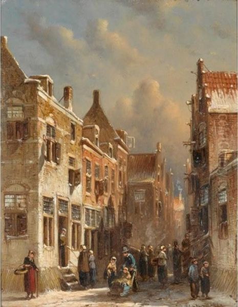 Figures In The Snow Covered Streets Of A Dutch Town Oil Painting by Pieter Gerard Vertin