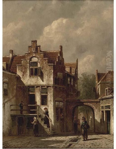 A Continental Street Scene Oil Painting by Pieter Gerard Vertin