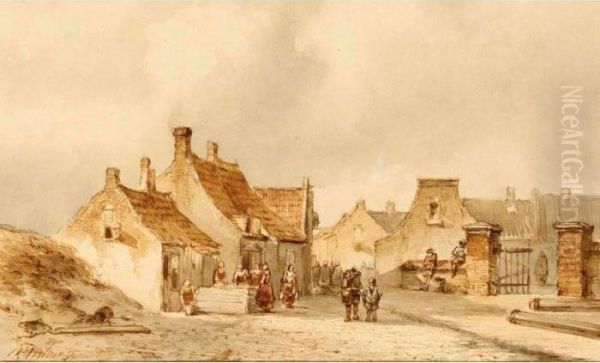 Figures In The Streets Of A Dutch Coastal Town Oil Painting by Pieter Gerard Vertin