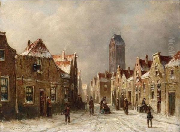 Figures In The Streets Of A Snow Covered Dutch Town Oil Painting by Pieter Gerard Vertin