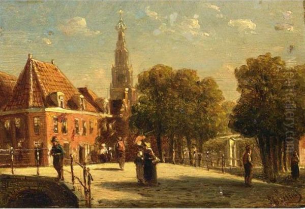 Figures On A Bridge In Alkmaar Oil Painting by Pieter Gerard Vertin