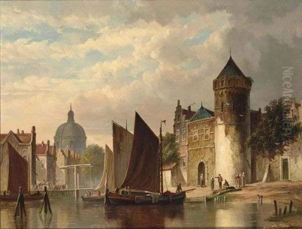 Moored Barges In A City Canal Oil Painting by Pieter Gerard Vertin