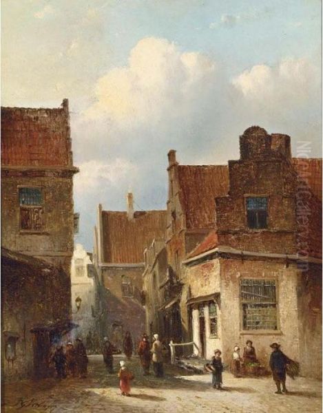 Figures In A Sunlit Dutch Town Oil Painting by Pieter Gerard Vertin