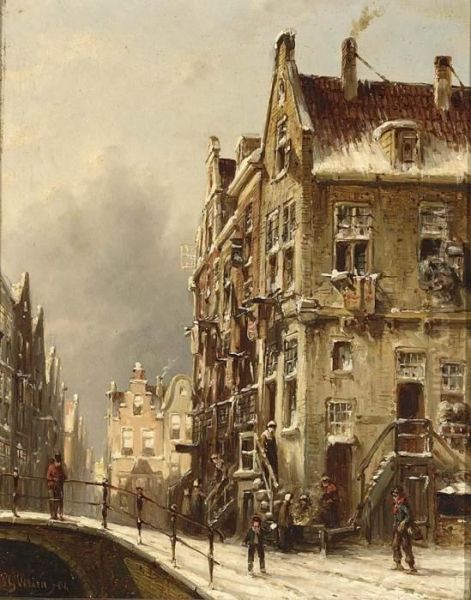 Wintry Town View With Figures On A Bridge Oil Painting by Pieter Gerard Vertin