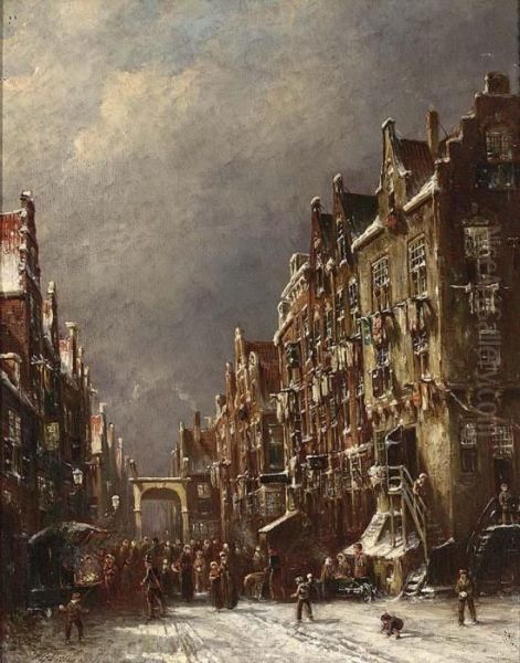 Market In A Wintry Dutch Town Oil Painting by Pieter Gerard Vertin