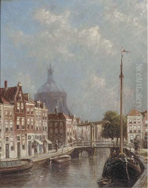 View Of The Oude Singel, Leiden, With The Marekerk Beyond Oil Painting by Pieter Gerard Vertin