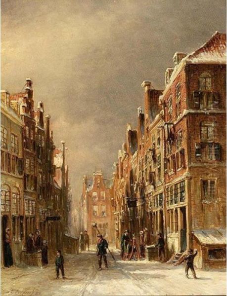 Figures In A Snow Covered Dutch Town Oil Painting by Pieter Gerard Vertin