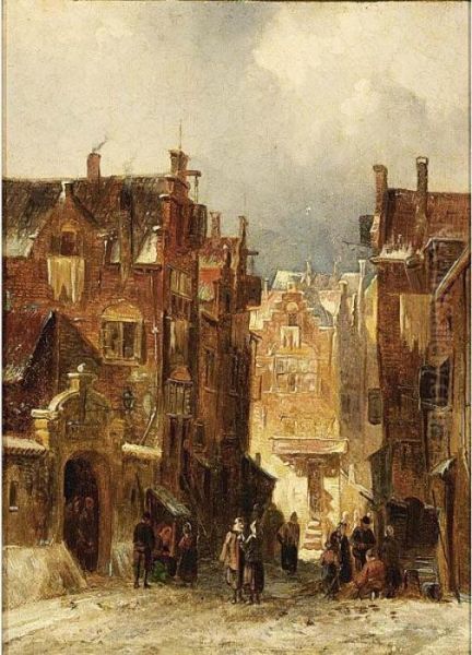 Villagers In The Streets Of A Wintry Dutch Town Oil Painting by Pieter Gerard Vertin