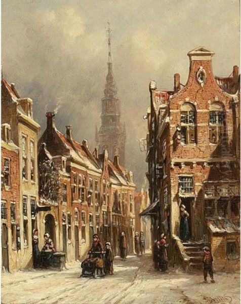 Villagers In A Snow Covered Dutch Town Oil Painting by Pieter Gerard Vertin