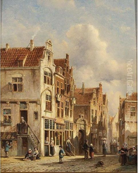 Figures In The Sunlit Streets Of A Dutch Town Oil Painting by Pieter Gerard Vertin