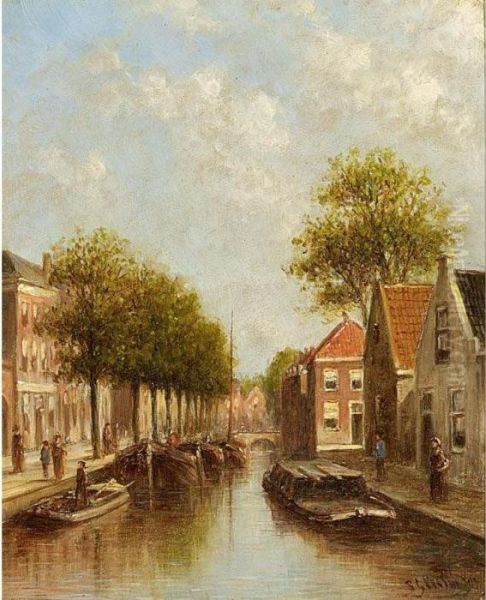 A Canal In Delft Oil Painting by Pieter Gerard Vertin