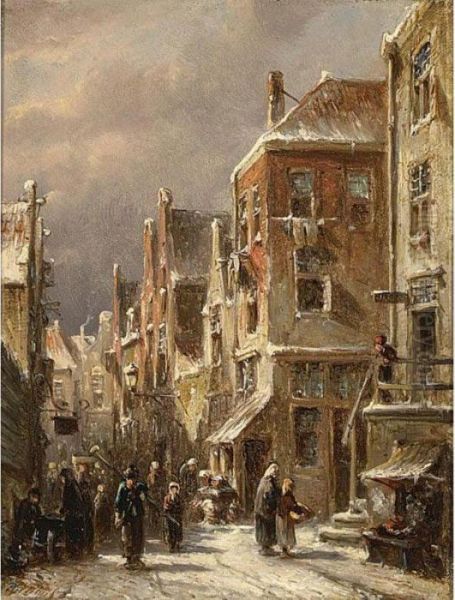 Villagers In The Streets Of A Wintry Dutch Town Oil Painting by Pieter Gerard Vertin