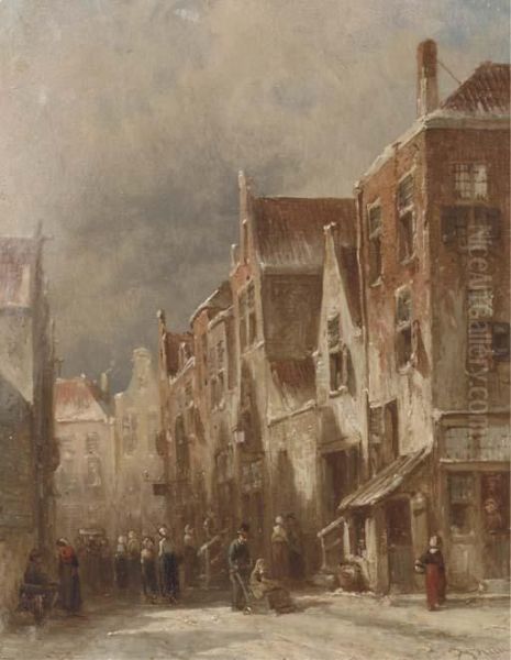 A Busy Sunlit Street In Winter Oil Painting by Pieter Gerard Vertin