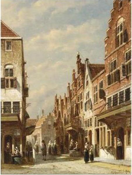 A Busy Street In A Sunlit Dutch Town Oil Painting by Pieter Gerard Vertin