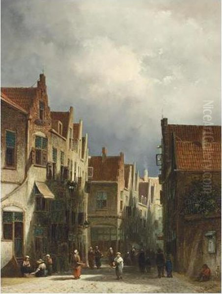 A Busy Street Scene In A Dutch Town Oil Painting by Pieter Gerard Vertin