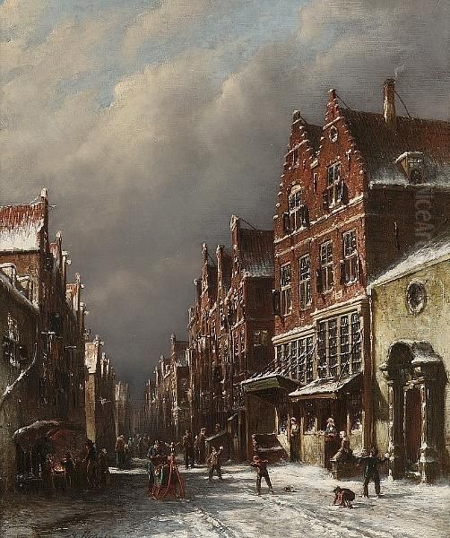 Figures In A Dutch Street In Winter Oil Painting by Pieter Gerard Vertin