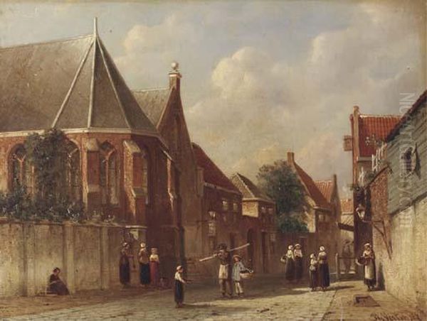 Figures By A Church In A Dutch Village Oil Painting by Pieter Gerard Vertin