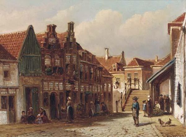 Townsfolk In A Dutch Street Oil Painting by Pieter Gerard Vertin