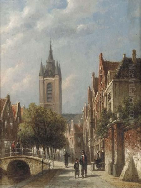 A Canal In A Dutch Town In Summer Oil Painting by Pieter Gerard Vertin