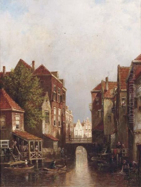 Figures By A Canal In A Dutch Town Oil Painting by Pieter Gerard Vertin