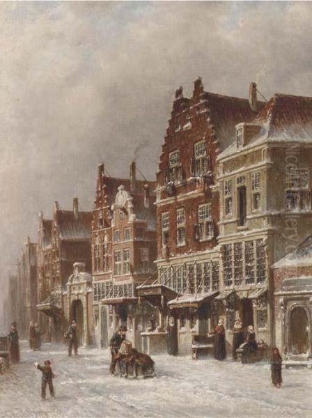 Winter: A Sunlit Street In A Dutch Town Oil Painting by Pieter Gerard Vertin