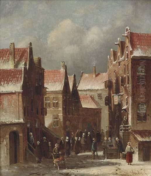 A Dutch Street Scene Oil Painting by Pieter Gerard Vertin