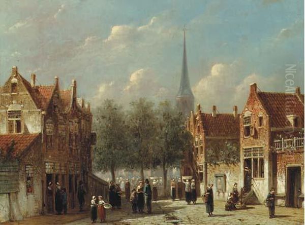 Townsfolk In A Sunlit Street Oil Painting by Pieter Gerard Vertin