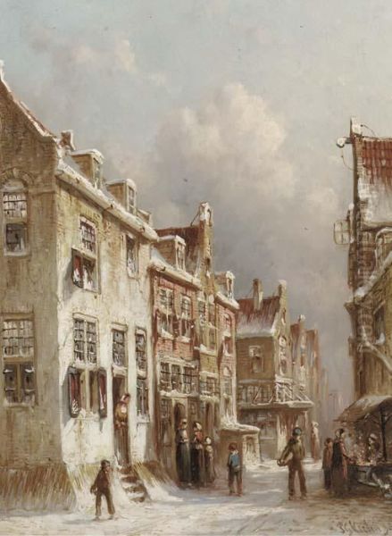 Roasting Chestnuts: A Dutch Town In Winter Oil Painting by Pieter Gerard Vertin