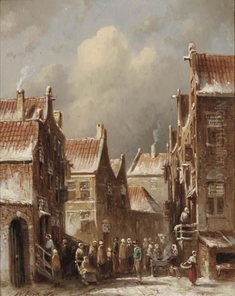 A Busy Street In A Dutch Town In Winter Oil Painting by Pieter Gerard Vertin